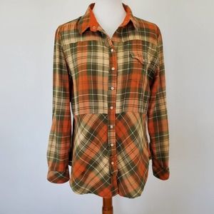 Tasha Polizi Collection Flannel Pearl Snap Shirt Womens Large Plaid Tab Sleeve